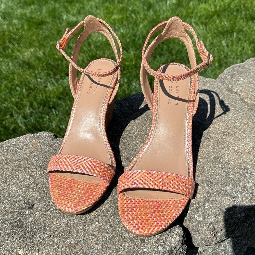 LC~Lauren Conrad~Size 9 1/2~Limestone~Raffia ~Wedge Heel & Ankle Strap Sandal~BR